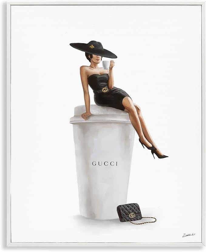 'Fashion Female Pose on Coffee'| Framed Giclee Art | Stupell Industries | White, 11 x 14 Inches, Easy to Hang and Sturdy, Made in USA, by Ziwei Li