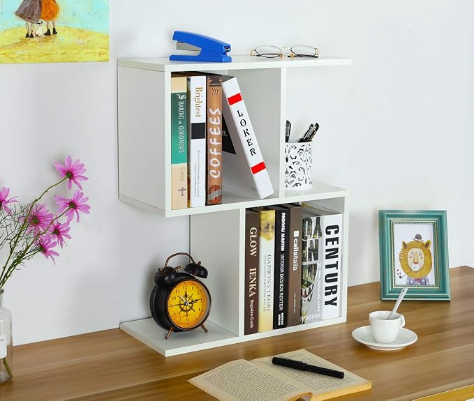 Desktop Shelf Freestanding Wooden Small Bookshelf Desk Supplies Organizers and Accessories Storage Display Rack Office Dorm Decor for Women, White