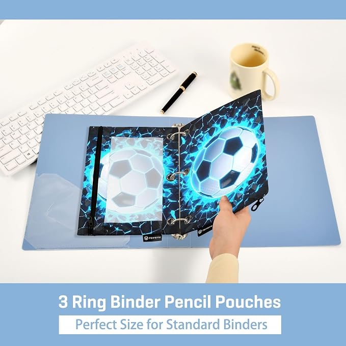 3D Soccer Football Blue Pencil Pouch for 3 Ring Binder, 2 Pack Waterproof Pencil Bags Clear Window Pencil Case Zipper School Office Supplies