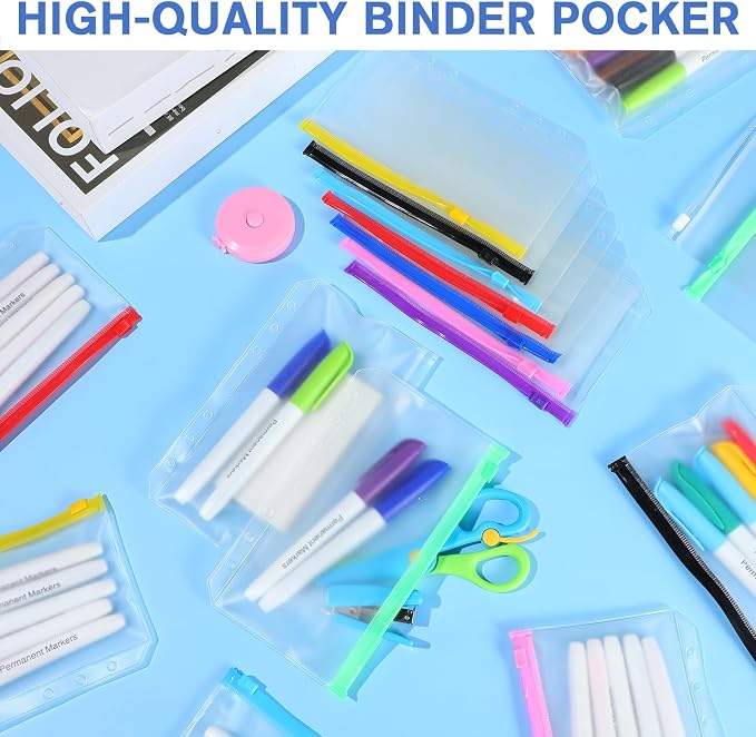 Gersoniel 40 Pieces 6 Ring Binder Zipper Pouch, 6 Hole Binder Pockets with Zipper Bulk Folders A6 Plastic Pouch Colorful Loose Leaf Bags Waterproof PVC Document Filing Bag