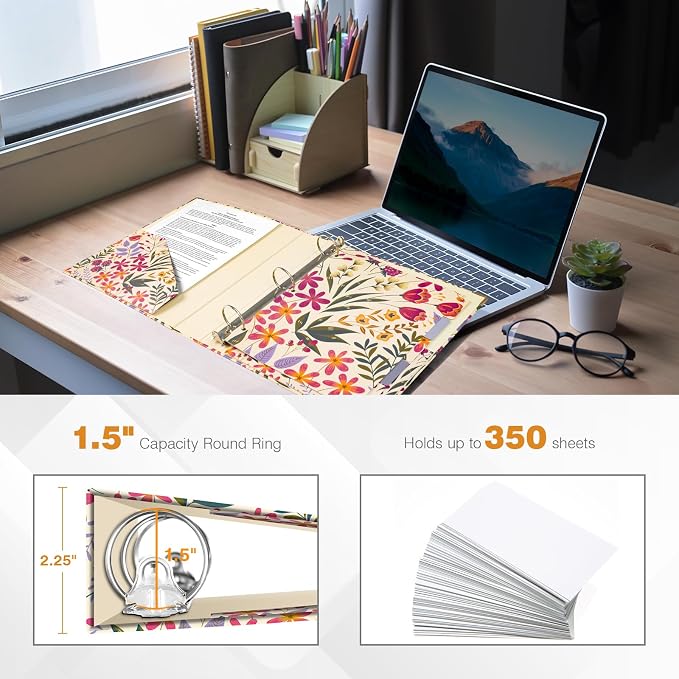 Ospelelf 3 Ring Binder, 1.5 Inch, Cute Floral Binder for Letter Size (11" x 8.5") with 5 Tab Dividers, File Folder Labels and Low Profile Clipboards