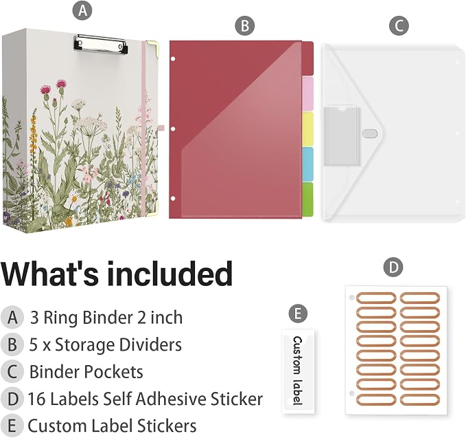 3 Ring Binder 2 Inch for Letter Size 8.5" x 11" Paper, Clipboard Binder with 5 Tabbed Dividers with Pockets, Plastic Folder and 40 Divider Stickers, School and Office Supplies, Garden Flowers