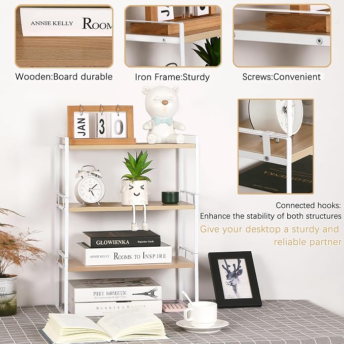 YGYQZ Desk Shelf Organizer for Top of Desk, 3-Tier Desktop Bookshelf, White & Wood