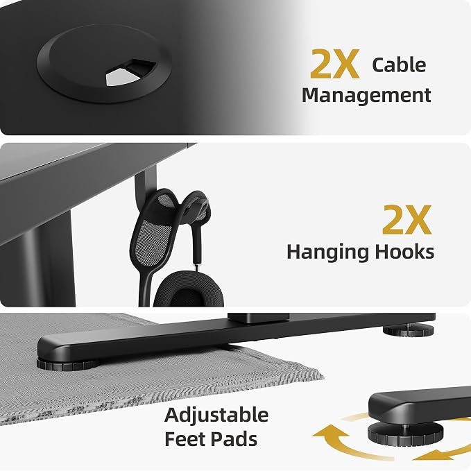 Claiks Electric Height Adjustable Standing Desk, 48x24 Inch, Deep Black | Smooth Height Adjustment, 3 Memory Presets, Cable management hub & hook, Stable Steel Frame, 156 lbs Capacity, Easy Assembly