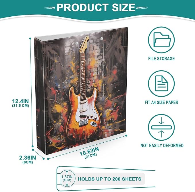 3 Ring Binder Guitar Art 1.5" Round Ring Binders View Binder with 200 Sheet for Women Men Office Kids School Supplies, 1 Pack