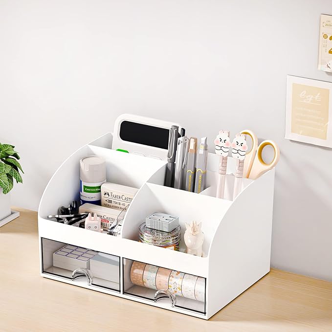 COMFYROOM Desk Organizer with 6 Compartments and 2 Drawers, Plastic Makeup Organizer, Pen Holder for Desktop Storage, Desk Organization for School, Home, Office Supplies (White-2Pack)