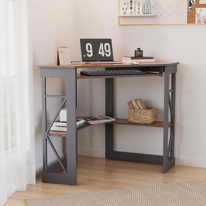 VECELO Corner Desk Computer Desk Writing Table with Smooth Keyboard Tray&Storage Shelves for Small Spaces/Compact Home Office Triangle Table,Teak Brown