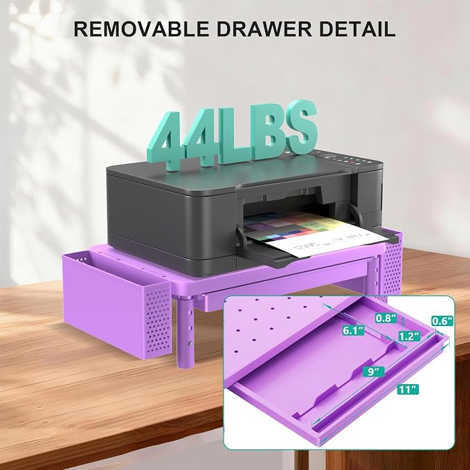 WALI Computer Monitor Stand with Storage, Desk Organizer with Drawer and Pen Holder, Desk Monitor Riser 3 Height Adjustable, Laptop Riser for Laptop, Printer (PTT003-V), 1 Pack, Violet