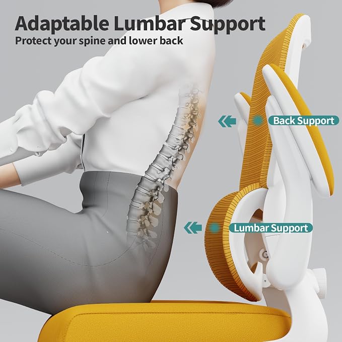 TRALT Office Chair - Ergonomic Desk Chair with Adjustable Lumbar Support, Mesh Computer Chair, Executive Chair for Home Office Comfortable Lumbar Support (1, White Yellow)