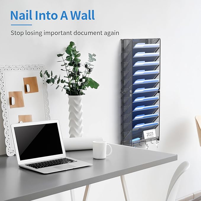 OUTWOLF 2Pack 12 Tier Hanging Wall File Organizer with Hooks, Vertical Wall Mount File Folder Holder, Paper Document Mail Organizer for Office