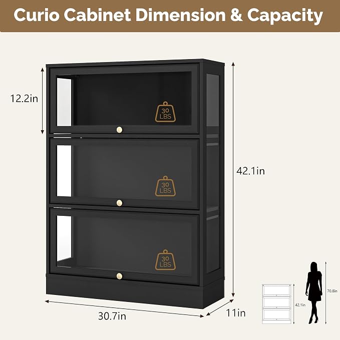 Display Cabinet with Acrylic Glass Doors,3-Tiers Curio Cabinet with LED Lighting for Collectibles, Collectibles Toy Organizers Rack & Display Shelf Display Case Storage Cabinet, Black