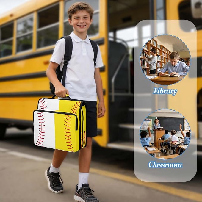 Baseball Softball Zipper Binder File Organizer Bag 3 D-Ring | with Shoulder Strap, Holds 500 Sheets & 14in Laptop, 3 Ring Binder for Office Supplies