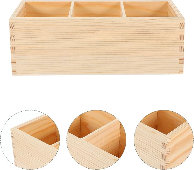 EXCEART Pine Wood Pen Holder Desktop Organizer with 3 Compartments for Office Desk Accessories and Makeup Brush Storage 9.25X3.22X3.07 Inches