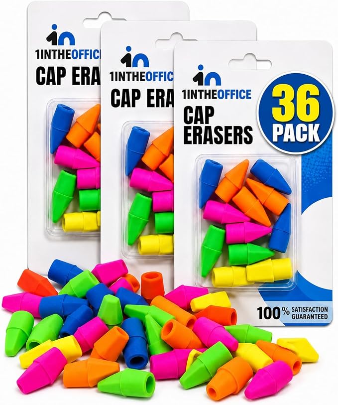 1InTheOffice Pencil Cap Erasers, Assorted Colors, Arrowhead Caps Tops Eraser, Eraser Cap for Art, Pencil Cap Set, 12 Pack (Assorted Colors, 36 Pack)