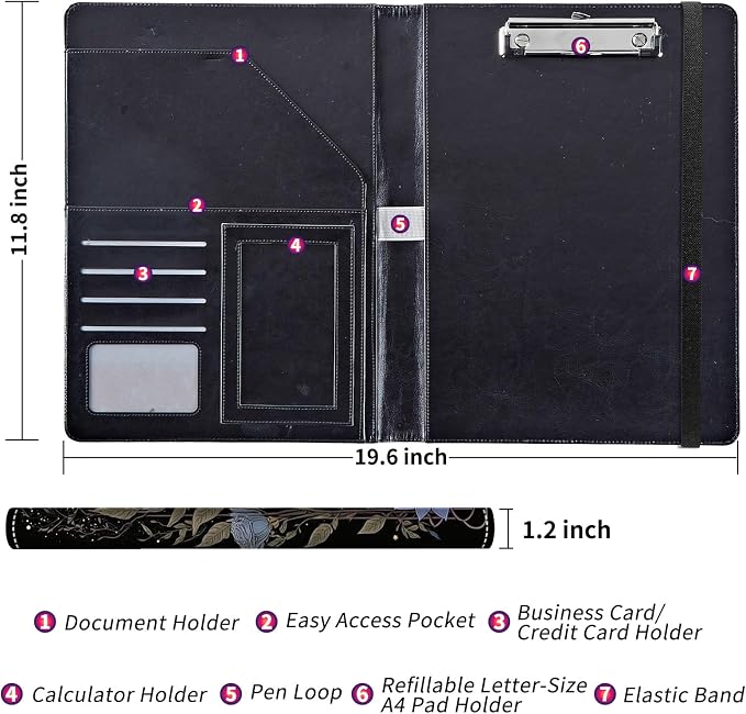 Padfolio/Portfolio Folder Clipboard,Padfolio Clipboard,Writing Portfolio Leather with Cover for Card Holder Slot Letter Size A4 for Office Conference Notepad Clip Boards,Witchy Cat Moon