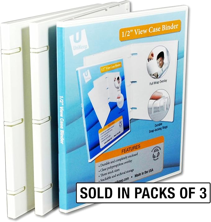 UniKeep 3 Ring View Binder - Binder Case is Fully Enclosed - Available in White, Clear, or Black and in Different Spine Sizes (Pack of 3, White, 0.5 Inch)