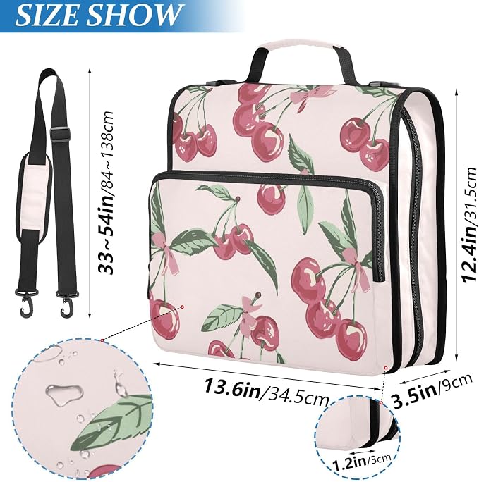 Cherry Leaves Pink Bows Zipper Binder with Shoulder Strap Bag 3 Ring Binder Organizer Large Capacity Multiple Compartments for School Office