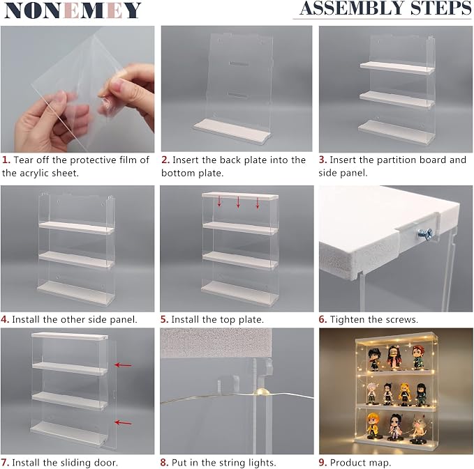 NONEMEY Clear Acrylic Display Case Stand 3 Tier Storage Box Wall Mount Showcase Dustproof Organizer Box for Collectibles (White 3Tier 12×3.3×15inch)