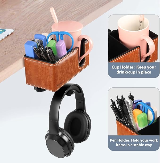Under Desk Cup Holder Clamp on Cup Holder PU Leather Clip on Desk Organizer | Desk organizer with pencil holder clamp on side, under desk hanging organizer, clip on cup holder desk phone stand holder PU