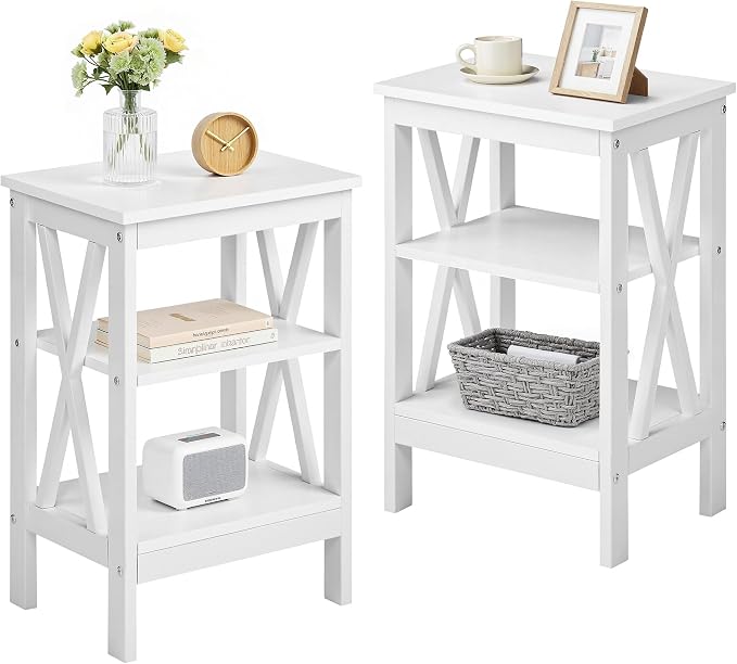 VECELO End Table Set of 2, Bedside Table, 24" Tall Living Room End Tables, X-Design Reinforced Nightstands, Side Table with 3-Tier Storage Shelves for Small Spaces, Office, Bathroom, Bedroom, White