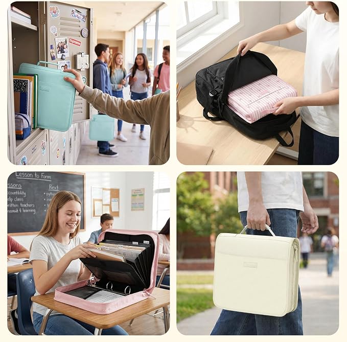 SUNEE Zipper Binder with Handle, 1.5 Inch O-Ring, 325 Pages Capacity, with 5-Tab Expanding File Folder for Classified Storage, Small Size Lightweight Zipper Bag for Middle School Students, Soft Beige