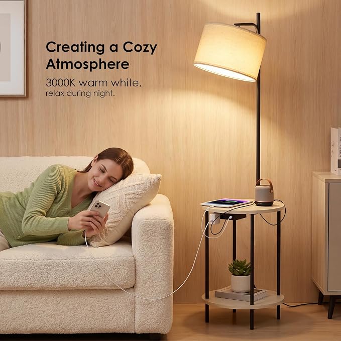ONEWISH Floor Lamp with Table, USB/Type-C/AC Charging Ports, 9W LED Bulb, Round Table & Nightstand for Bedroom & Living Room (White)