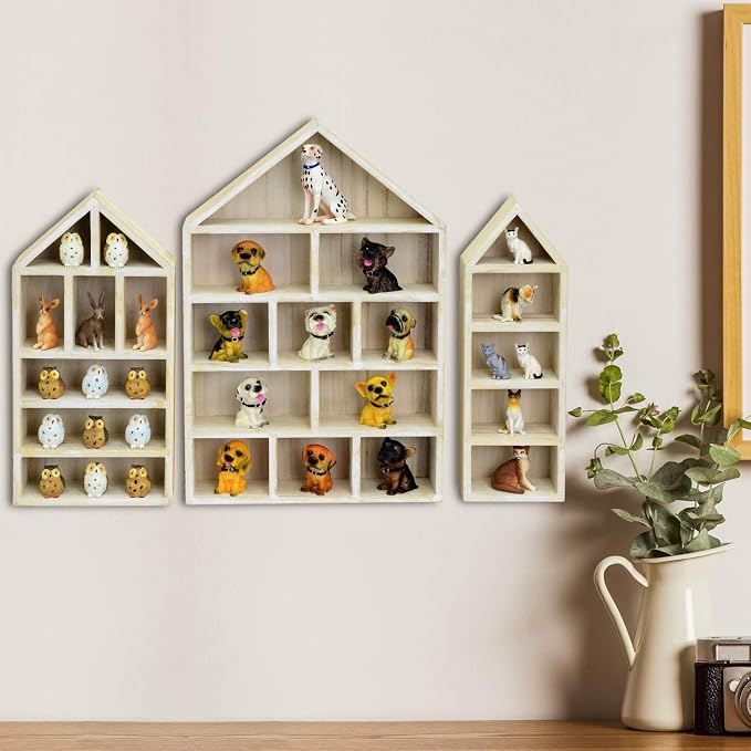 Ikee Design Wooden Shadow Box Display Shelf Organizer | Wall-mountable wood display rack with 5 adjustable shelves for figurines, action figures and collectibles.