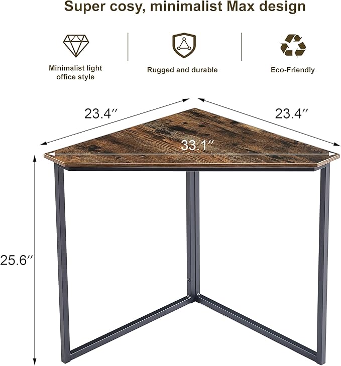 VECELO Corner Desk,Office Tables for Living Room for Small Space Triangle Computer Desk with Steel Frame Corner Shelves with Metal Frame Writing Desk for Workstation Classic Brown 33.1"