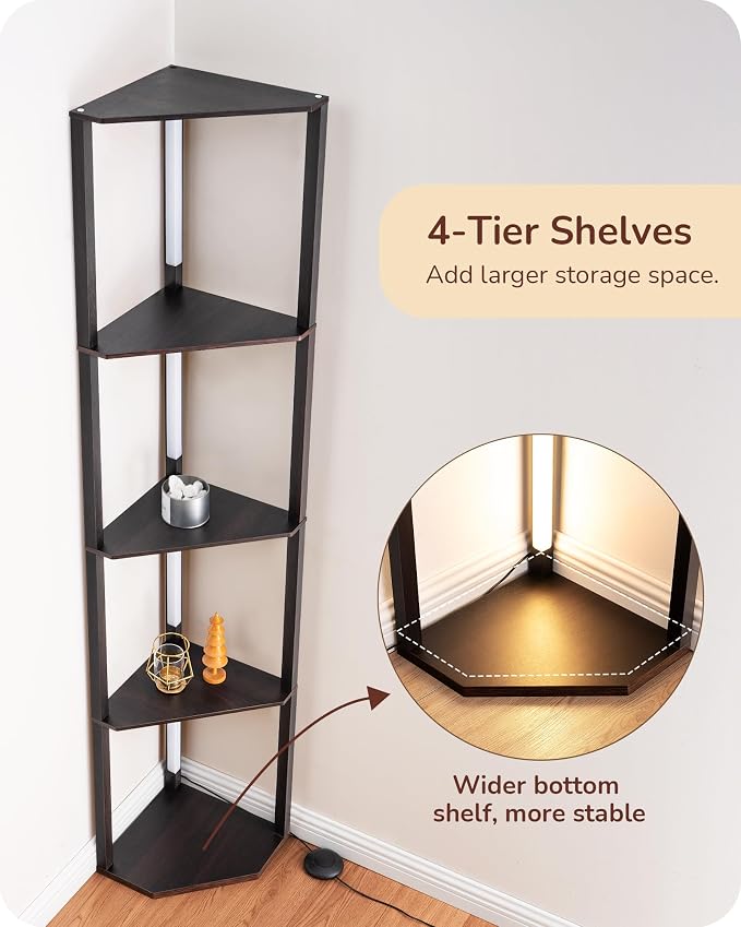 EDISHINE 64" Corner Shelf Floor Lamp for Living Room, Modern LED Corner Light with Shelves, 3CCT, Stepless Dimmable Tall Floor Light for Bedroom, Office, Dining Room, 3000K 4000K 5000K, Black Walnut | Stepless Dimming, 4-Layer Shelf, Foot Switch, 3000K...
