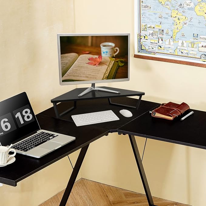 TEAMIX 26 inch Corner Monitor Stand Riser with Keyboard Storage, Black | Triangle Monitor Stand, Wood & Metal Computer Stand, Laptop Riser, Desktop Organizer, for L Shaped Desk, Home Office & Gaming