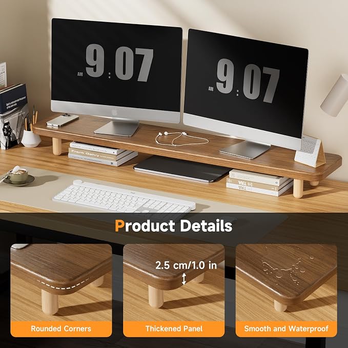 Dual Monitor Stand Riser, 39 Inch Extra Long Wooden Desktop Monitor Riser with Storage for 2 Monitors Ultra Strong Desk Shelf Organizer Riser Ergonomic for 2 Screens/Laptop/PC/TV/Printer (Walut brown, 39inches)