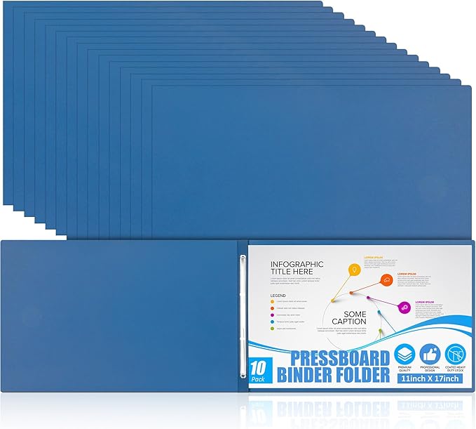 Resurhang 10 Pcs 11x17 Inch Pressboard Report Cover, 3" Capacity Presentation Binder Folder with Metal Prong Paper Fastener to Neatly Bind Reports Proposals Transcripts, Other Documents (Navy Blue)