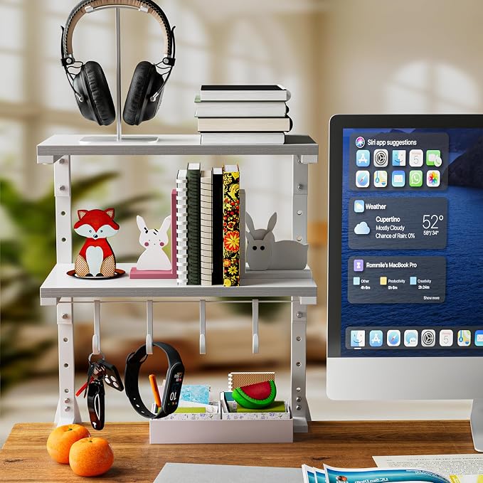 2-Tier Clamp On Desk Shelf, Clamp on Desk Shelf, 13 inch Adjustable Above or Under Wood Desk Storage Shelves, Heavy Duty Desktop Organizer for Working and Gaming Accessories, White