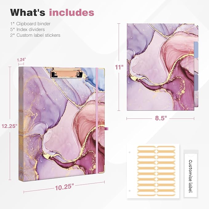 Ospelelf 3 Ring Binder, 1/2 Inch, Pink Marble, Letter Size (11" x 8.5"), 5 Tab Dividers, File Folder Labels, Low Profile Clipboards