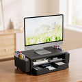 2-Tier Monitor Stand with Drawer, Metal Desk Riser, Black | Dual pen holders, storage shelf, keyboard space, home office, study desk, workspace organization