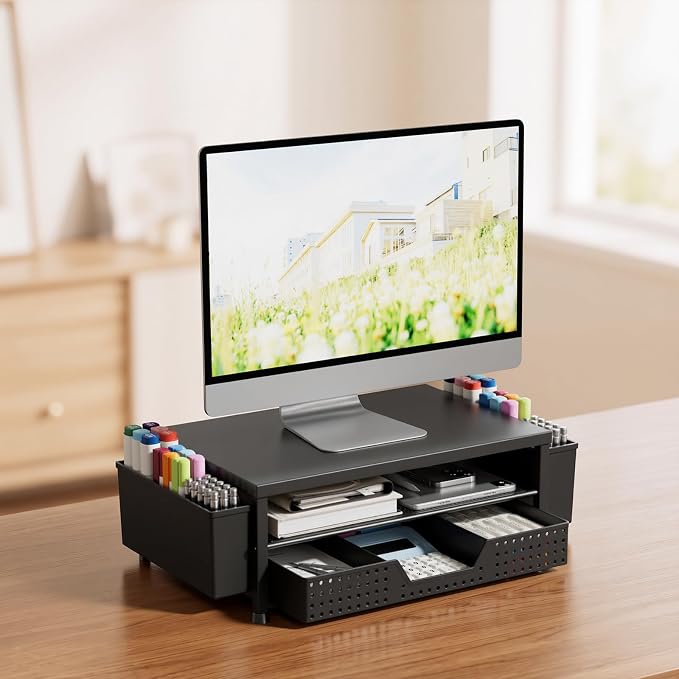 2-Tier Monitor Stand with Drawer, Metal Desk Riser, Black | Dual pen holders, storage shelf, keyboard space, home office, study desk, workspace organization