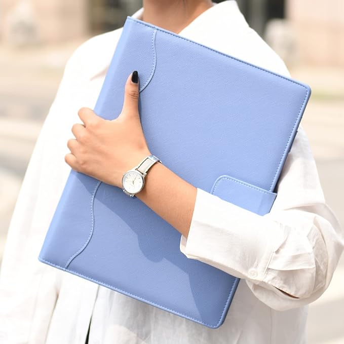 Wonderpool A4 PU Leather 3 & 4 Ring Holder Writing Portfolio Multi Document Case with Removable Binder Clipboard and Functional Pocket for Organizer Office Travel School (Blue)