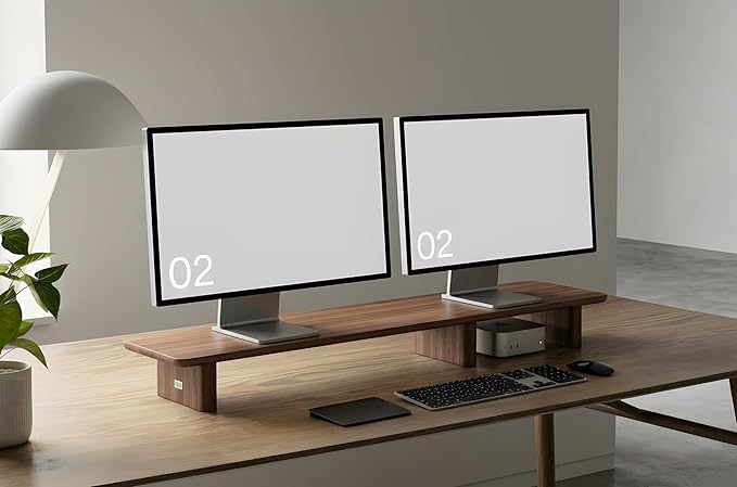 Walnut Dual Monitor Stand Riser - 43.3" Extra Long Wooden Monitor Stand for 2 Monitors, Desk Shelf Organizer for iMac, Laptop & Ultrawide Displays, Natural Wood Grain