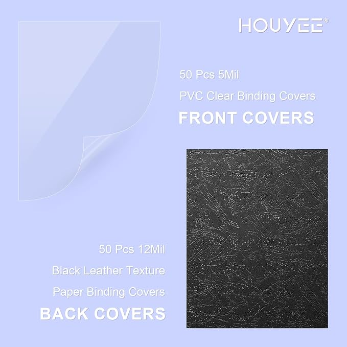 HOUYEE 100 Pack Binding Covers and Backs Set, 8.5x11 Inches, Letter Size | Including 50Pcs 5 Mil PVC Clear Binding Covers, 50Pcs 12 Mil Black Paper Leather Textured Back Covers, Office School Supplies