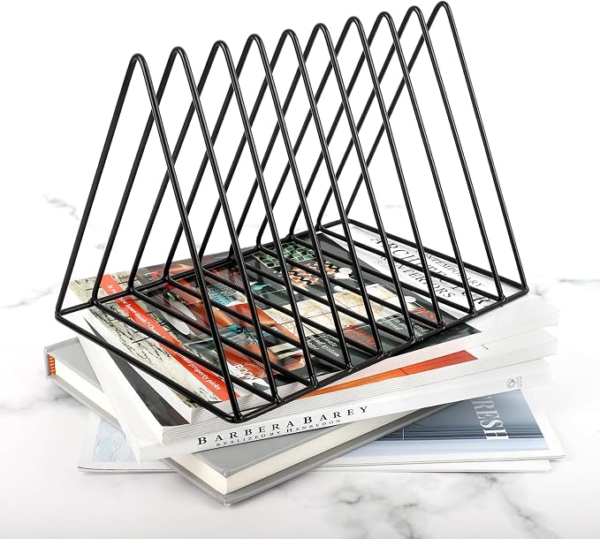 Vinyl Record Holder Storage, 9 Slot Metal Magazine Book Album Display Rack, Stylish Triangle Desktop File Sorter Organizer for Home Office, Black Pack of 3