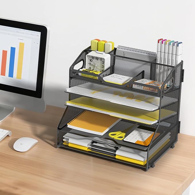 YINGHUA 5-Tier Mesh Desk Organizer, Letter Tray - Black | Sturdy steel mesh with 3 sliding trays, 2 handles, 6 adjustable top sections. U-shaped design for easy access to office files