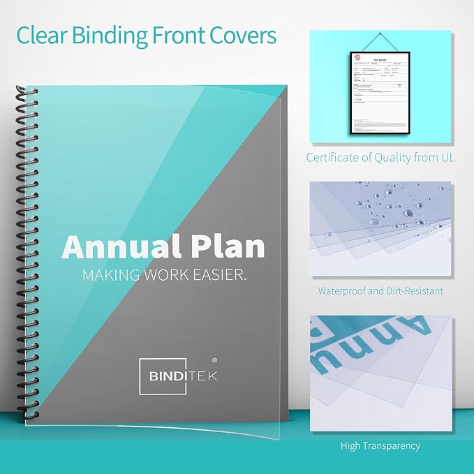 Binditek 200 Pack Binding Covers Set, 8.5x11 Inches, 8Mil PVC & 12Mil Poly | Binding Covers and Backs Set, Letter Size, 8 Mil Clear PVC Binding Cover, 12Mil Black Poly Cover, Square Corners, Unpunched