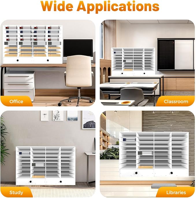 SHIECAMASIC Literature Organizer, 32 Compartments Office Mailbox with 2 Drawers & Adjustable Shelves, Durable Desktop File Sorter for Home, Office and School (White)