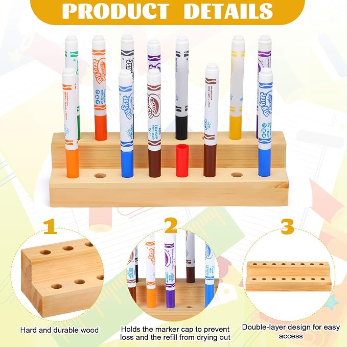 Cinnvoice Wooden Marker Stand Marker Pen Holder Storage Organizer for Classroom Display Stand Paint Brush Holder for Organization Storage Supplies(16 Holes)