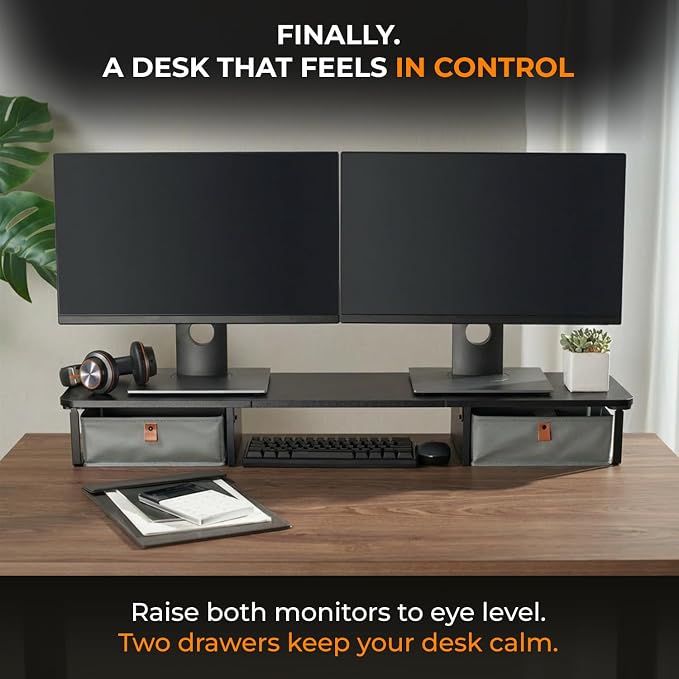DuoStand Plus - 39” Dual Monitor Riser for Desk with 2 Drawers - Wood & Steel Double Monitor Stand with Storage - Desk Organizer Shelf for Desktop Computer, Laptop, TV & Printer (Matte Black)