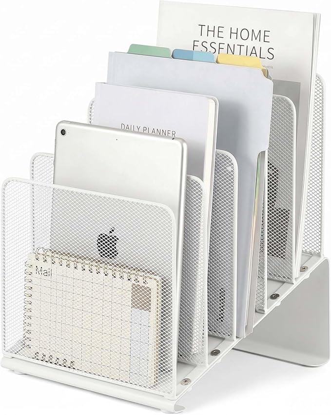 LEKETREE File Organizer for Desk, Desk Organizer with 5-Section Vertical File Rack, File Folder Organizer, Desk Accessories & Workspace Organizers(White)