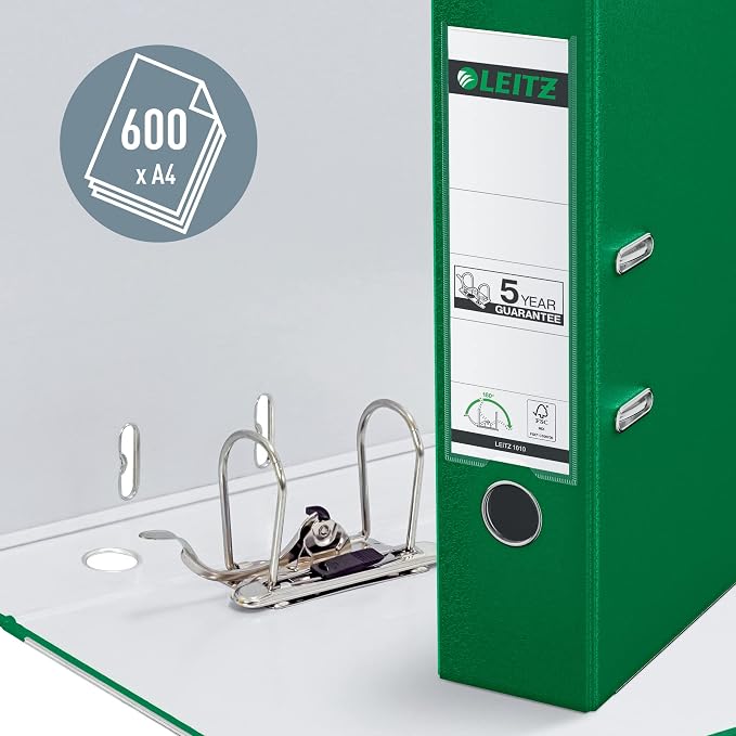 Leitz Plastic Lever Arch File, 90 Percent Recycled Card, 30 Percent Pre-Consumer Recycled Plastic, with Thumbhole and Rado Rings, 80mm Spine 600 Sheet Capacity, Green, 10101055