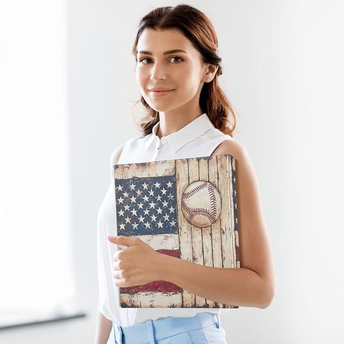 Retro American Flag Baseball Round Ring Binders 1.5 Inch Softball Wooden Background 3 Ring Clipboard Binder for Office School Work Supplies File Folder 200 Sheet Capacity 2 Pieces