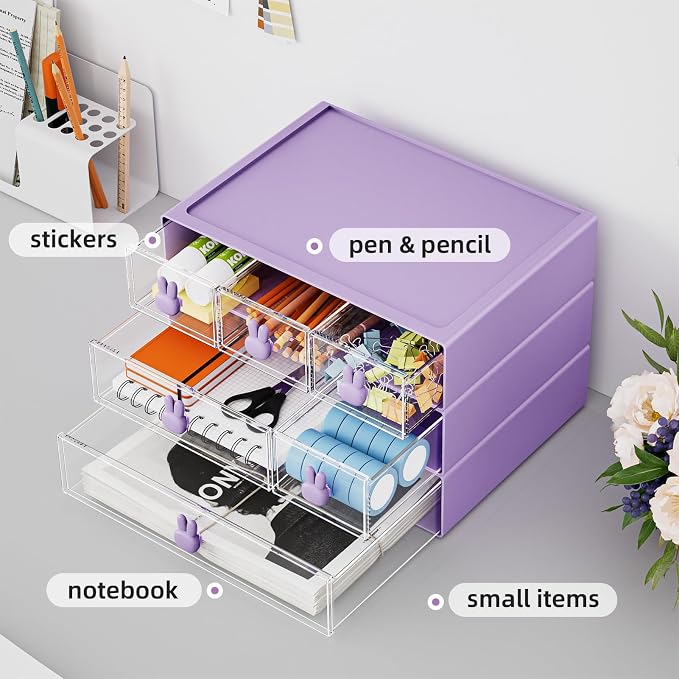 Marbrasse Desk Organizer with 6 Drawers, 3 Tier Stackable Storage Drawers Plastic Makeup Storage, Office Organizers and Storage, Desk Storage Box for Office, School, Home Purple