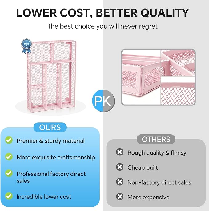 Desk Drawer Organizer, Office Drawer Divider Organizer Tray with 6 Compartments, Metal Mesh Desktop Organization and Accessories for Stationery Makeup Kitchen Toolroom School ＆Office (Large-Pink)